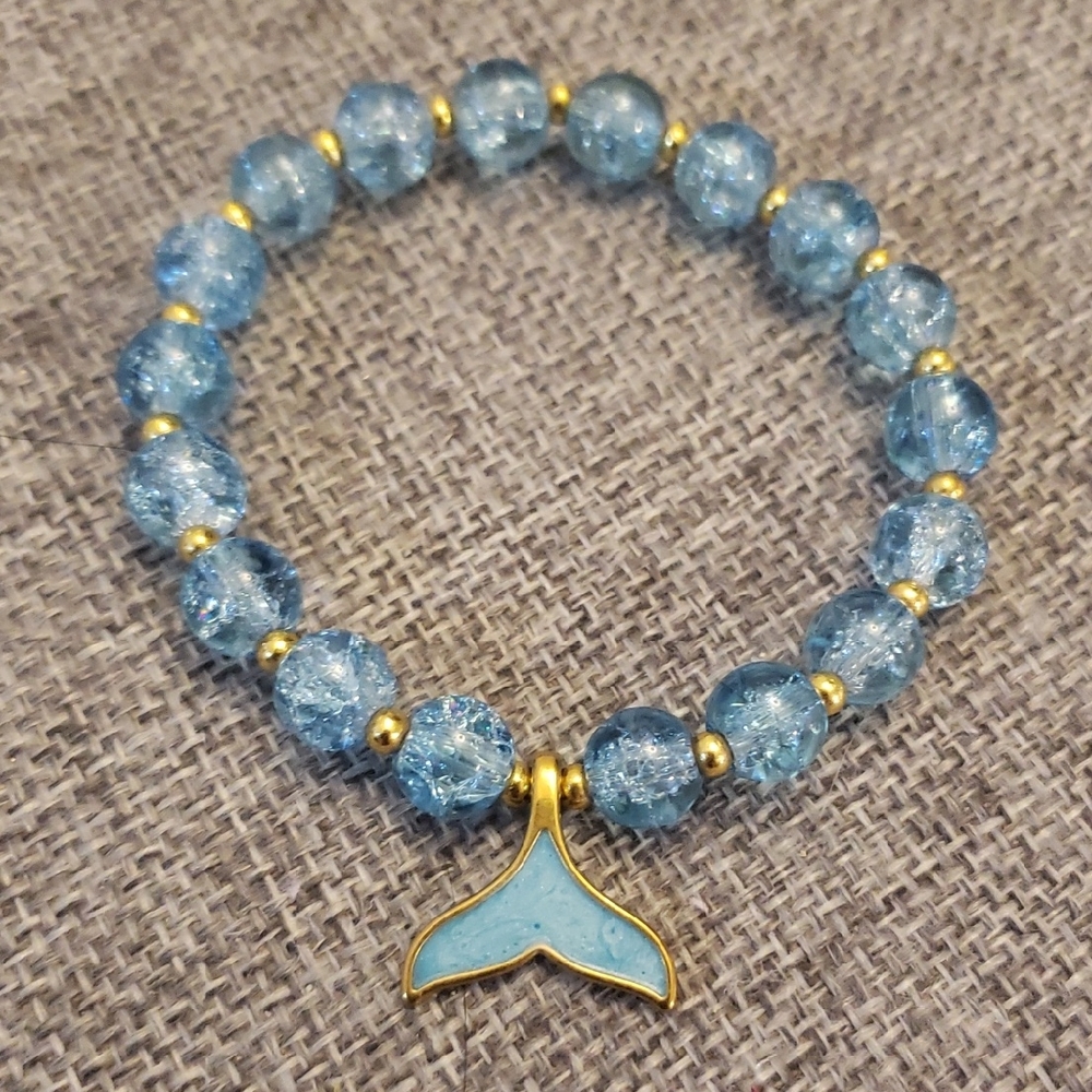 Oceanic Blue Stretch Bracelet with Gold Whale Tail Charm
